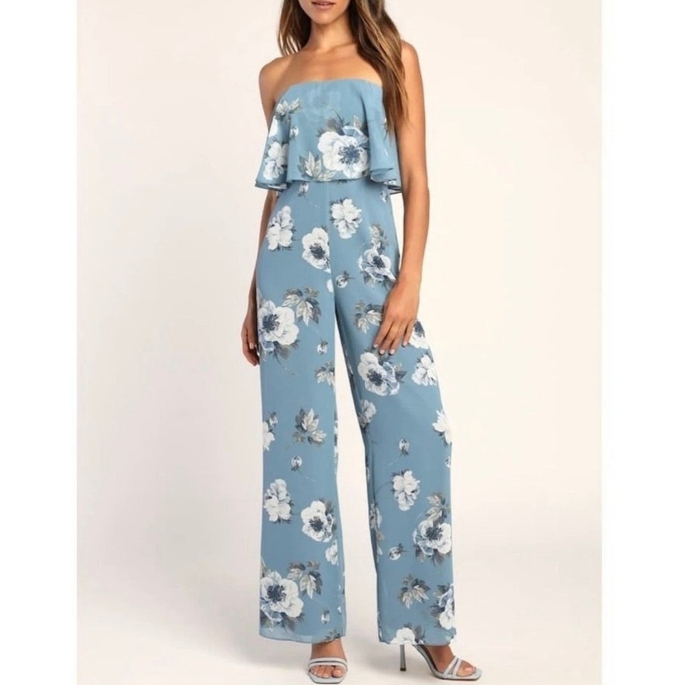 Lulu's Blue Floral Sleeveless Strapless Jumpsuit Womens XS Romantic‎ Coquette